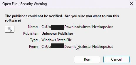 Aviso de segurança do Windows ao executar o InstallNetskope.bat — selecionar "Run"